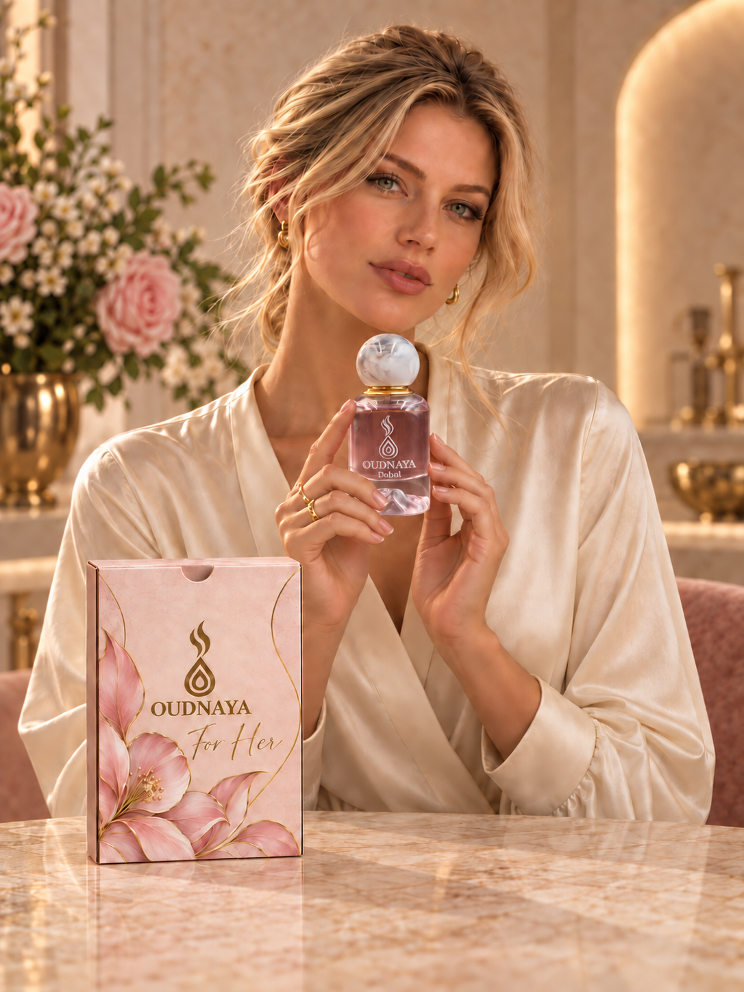 عطر عودنايا الحريمي بغطاء رخامي أبيض والبوكس الوردي