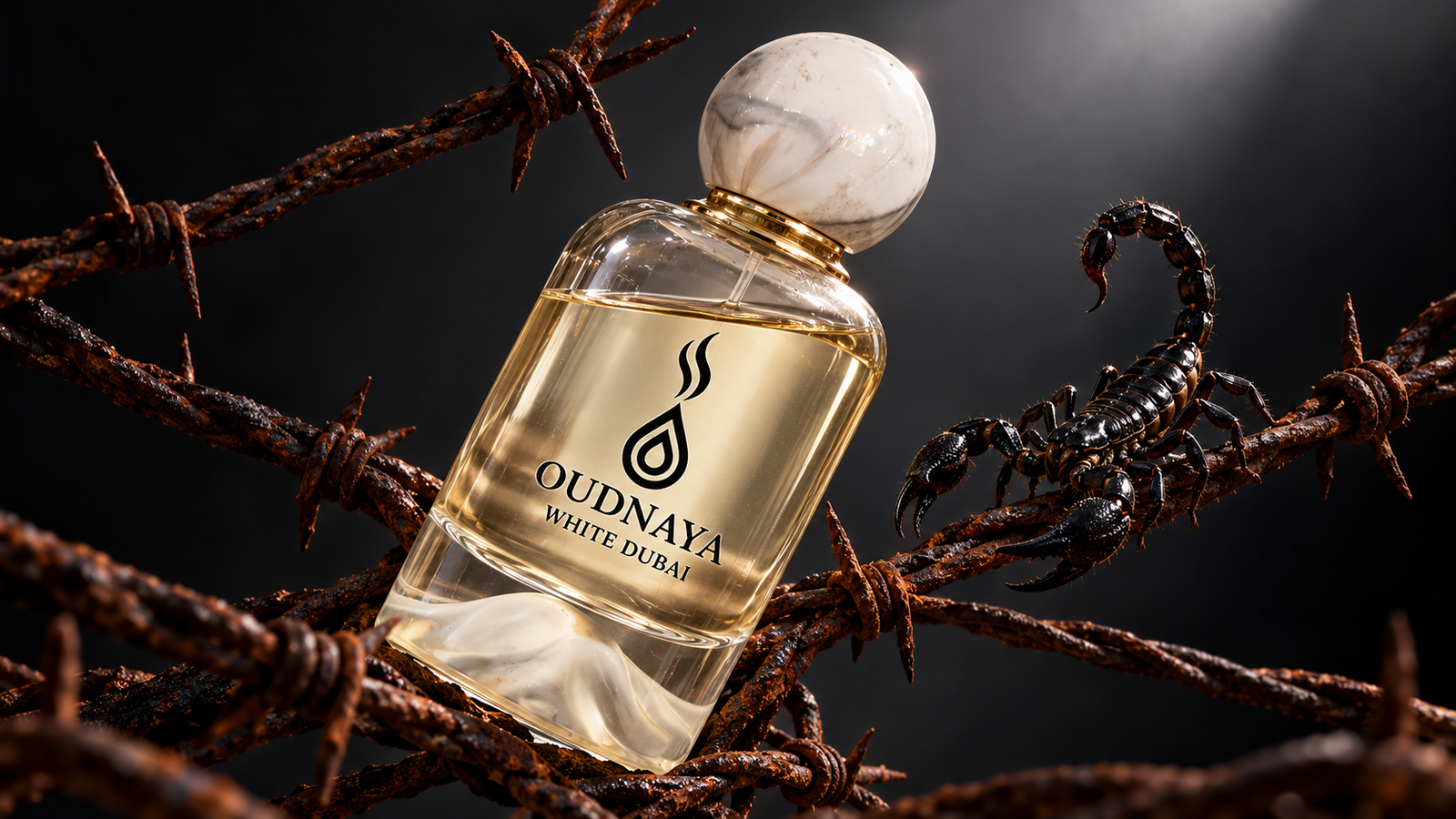 OUDNAYA White Dubai perfume with barbed wire and scorpion